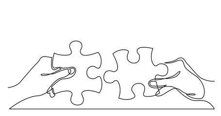 continuous line drawing of two hands with puzzle pieces connecting together