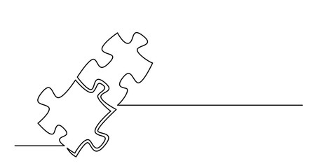 continuous line drawing of two puzzle pieces connected together - obrazy, fototapety, plakaty