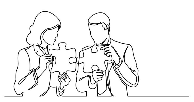 continuous line drawing of two business persons connecting puzzle pieces together