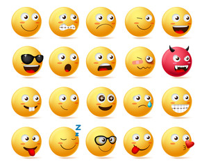 Smiley emoji side view set vector. Smileys emoticon or icon face character in sad, scared, demon, shocked and happy emotion wearing sunglasses isolated in white background. Vector illustration.