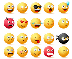 Smileys emoji faces vector set. Smiley emoticons with side view faces character in sad, inlove, silent, dizzy, ninja, angry and happy facial expression isolated in white background. 