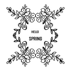 Hello spring greeting card in various shape frame with leaf floral black and white. Vector