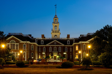 Delaware Capitol Building with lights turned on at sunset