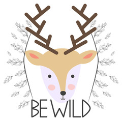 Deer for children in scandinavian style. Postcard of forest animals with inscription.