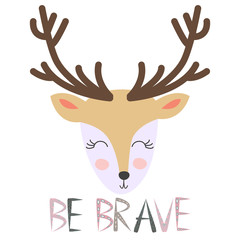 Deer for children in scandinavian style. Postcard of forest animals with inscription.