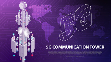 Base Mobile network technology 5G communication antenna tower for wireless hi-speed internet with circuit board is background. LTE aerial network connection, fastest internet technology in future