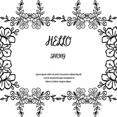 Hello spring greeting card, hand drawn leaf floral frame. Vector