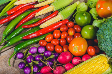 Backgroud of fresh food tasty and healthy varis vegetables are on the wooden table