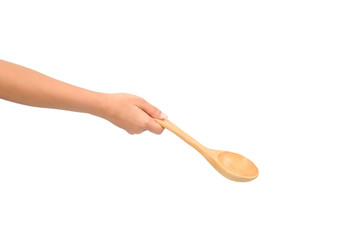 Asian female hands are holding Wooden ladle isolated on white