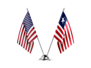 Desk flags, United States  America  and Liberia, isolated on white background. 3d image