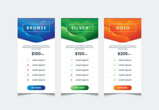 price list design template with 3 columns comparative table vector