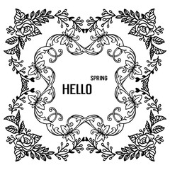 Template for design invitation card of hello spring, with plant of leaves and flower frame. Vector