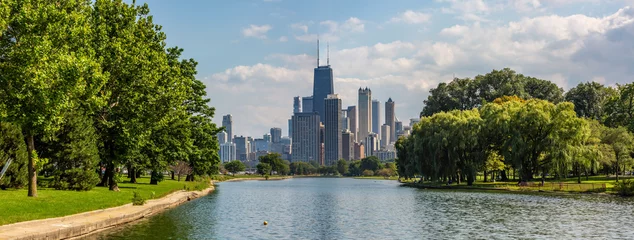 Fotobehang Panoramisch uitzicht op Lincoln Park en de skyline van Chicago. © Carlos Yudica
