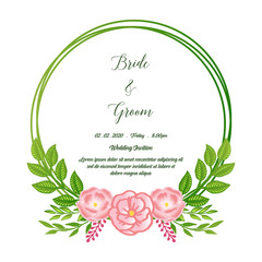 Pink rose flower frame for wedding or bride and groom invitation card. Vector