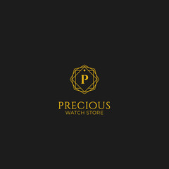 Precious gift watch jewelry store logo with gold color line outline symbol icon vector