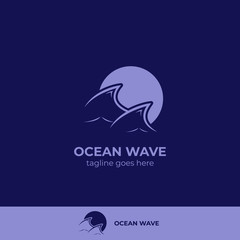 Ocean sea wave blue logo icon symbol with moon or sun silhoutte vector