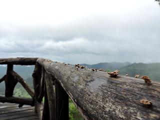 close-up Wooden balcony on the top of mountain