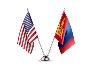 Desk flags, United States  America  and Mongolia, isolated on white background. 3d image