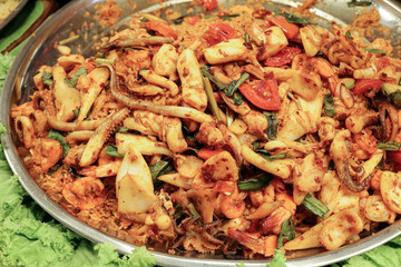 Stair fried seafood fish squid shrimp at street side food stall