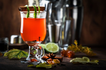Hot rum punch, autumn or winter warming alcoholic cocktail with dark rum, port, honey, lime juice, black tea, cinnamon and cloves in tall glass on vintage wooden background