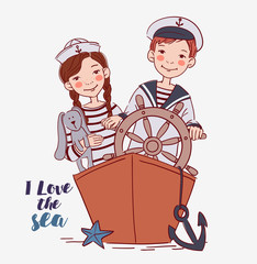 Cute boy and girl dressed as a captain and sailors having fun. Happy kids played on the ship 