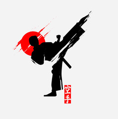 Martial arts silhouette character logo illustration. Foreign word in japanese means Karate.	 - obrazy, fototapety, plakaty