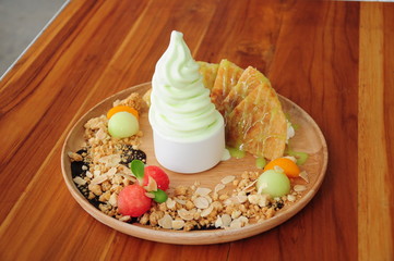 Melon soft serve with fruits and nuts
