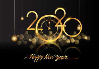 Happy New Year 2020 - New Year Shining background with gold clock and glitter, elegant design.