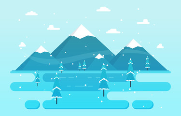 Fototapeta na wymiar Winter Scene Snow Landscape with Pine Trees Mountain Simple Illustration