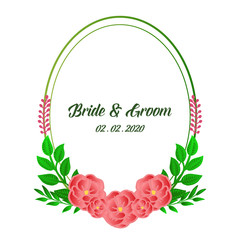 Element for design card bride and groom, various shape circle frame with green leaves and rose floral. Vector