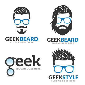 Set of Beard geek logo template, geek logo pack