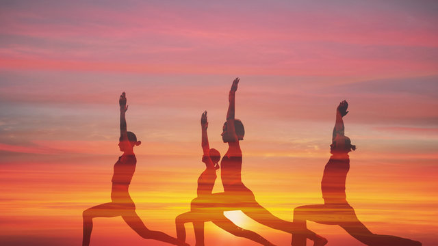 double exposue background of group of caucasian people having yoga workout outdoors with overlay background of sunset sky