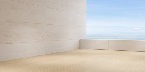 Perspective of empty modern living room with travertine wall on sea view background,The sun light cast shadow on the timber floor. - 3D rendering.