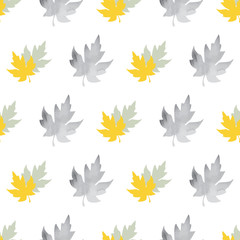 Seamless pattern with patterned leaves. Complex illustration print in grey, black, white and yellow.