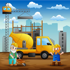 Naklejka premium Construction worker at construction site background