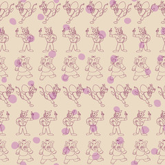 Vector beige horizontal anthropomorphic cartoon characters with purple polka dots seamless pattern background