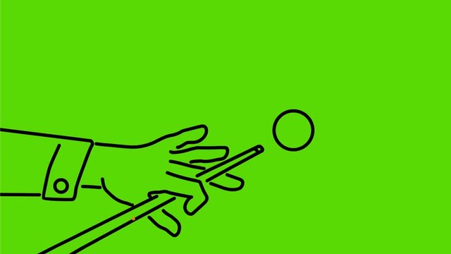 2d Animation monoline style drawing of a billiards player hitting cue ball with stick on white and green screen with alpha matte in HD high definition.