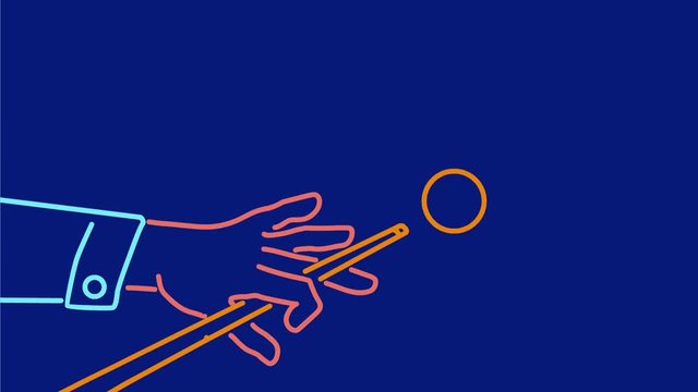 2d Animation motion graphics showing neon sign light signage lighting of billiards player hitting ball with cue  stick on blue screen in high definition done retro style.
