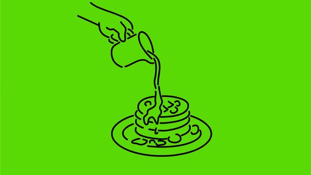 2d Animation monoline style drawing of a hand pouring maple syrup on stack of pancake, hot cake, hotcake or flat cake on white, black and green screen in HD high definition.