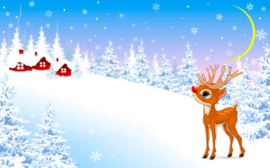 Little fawn on a winter background. Cartoon deer on a winter background.  Deer on the background of a winter forest and a snow-covered village