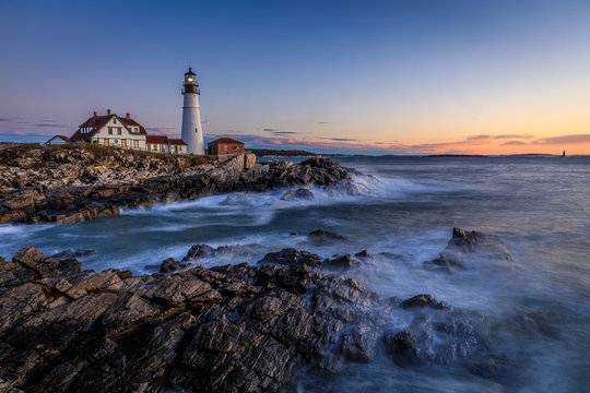 Portland Head Light Lighthouse At Port Williams Park Of Cape Elizabeth Of Maine,  USA At Dawn