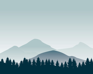 Nature landscape silhouette vector illustration. Mountain wallpaper vector. Pine trees silhouette