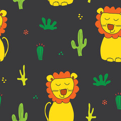 Cute Lion Seamless Pattern, Cartoon Hand Drawn Animal Doodles Vector Illustration Background