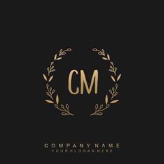 letter CM surrounded by beautiful and elegant flowers and leaves. Wedding monogram logo template.