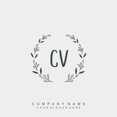 letter CV surrounded by beautiful and elegant flowers and leaves. Wedding monogram logo template.