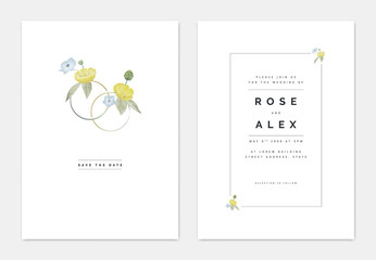 Minimalist botanical wedding invitation card template design, yellow creeping buttercup and blue Nemophila flowers decorated on couple rings, pastel vintage theme