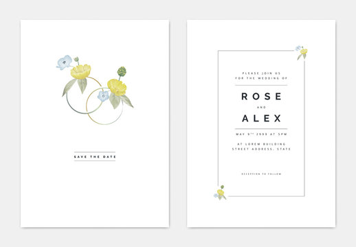 Minimalist botanical wedding invitation card template design, yellow creeping buttercup and blue Nemophila flowers decorated on couple rings, pastel vintage theme