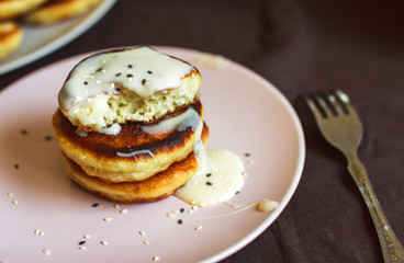 Homemade fresh pancakes with condensed milk for Breakfast