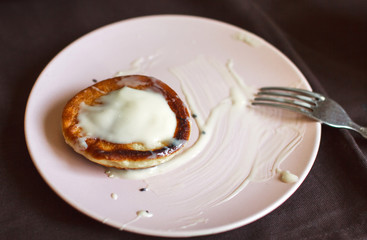 Homemade fresh pancakes with condensed milk for Breakfast