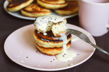 Homemade fresh pancakes with condensed milk for Breakfast